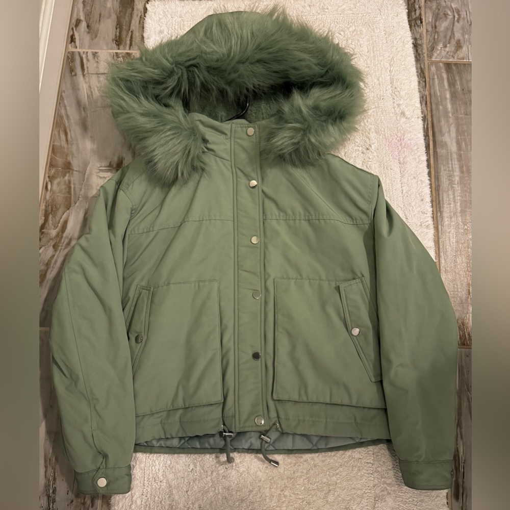 ASOS Sage Green Puffer Jacket with Faux Fur Hood